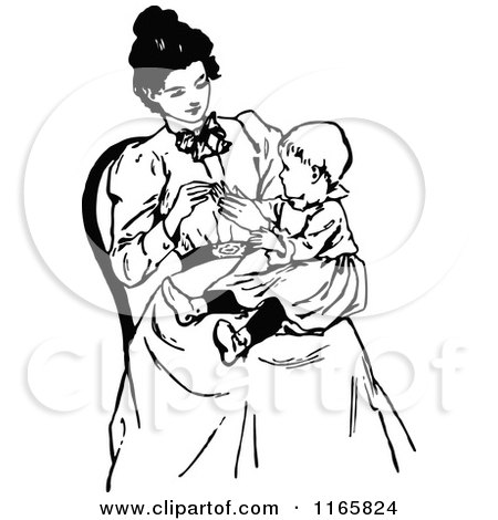 Clipart of a Retro Vintage Black and White Mother with a Baby in Her Lap - Royalty Free Vector Illustration by Prawny Vintage