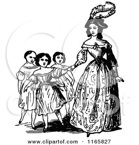 Clipart of a Retro Vintage Black and White Mother and Children - Royalty Free Vector Illustration by Prawny Vintage