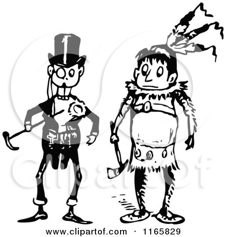 Clipart of a Retro Vintage Black and White Boys in Man and Native Costumes - Royalty Free Vector Illustration by Prawny Vintage