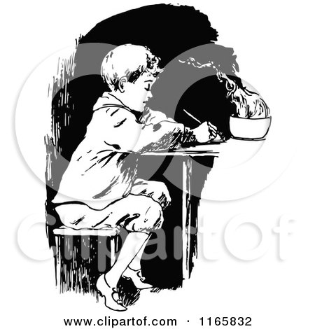 Clipart of a Retro Vintage Black and White Boy Writing - Royalty Free Vector Illustration by Prawny Vintage
