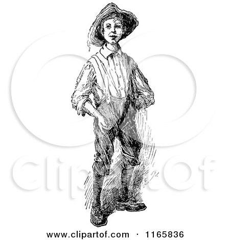 Clipart of a Retro Vintage Black and White Farmer Boy - Royalty Free Vector Illustration by Prawny Vintage