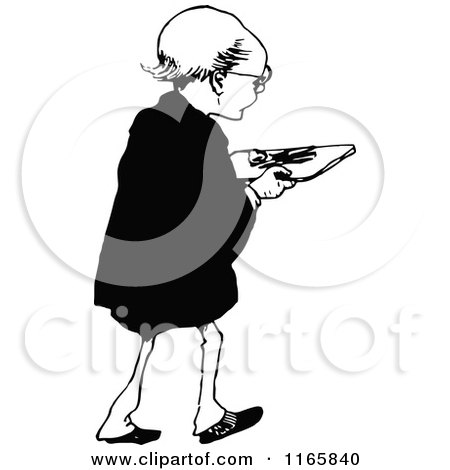 Clipart of a Retro Vintage Black and White Boy Carrying a Board - Royalty Free Vector Illustration by Prawny Vintage