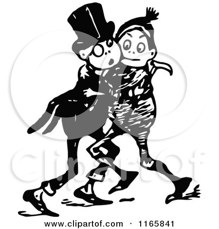 Clipart of a Retro Vintage Black and White Boys Embracing - Royalty Free Vector Illustration by Prawny Vintage