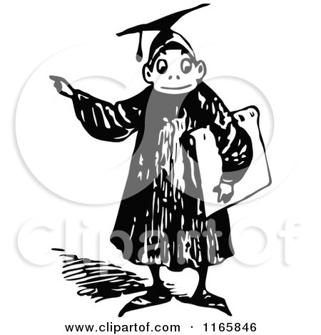 Clipart of a Retro Vintage Black and White Graduate Boy Pointing 2 - Royalty Free Vector Illustration by Prawny Vintage