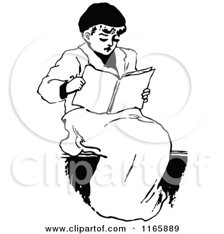 Clipart of a Retro Vintage Black and White Boy Reading - Royalty Free Vector Illustration by Prawny Vintage