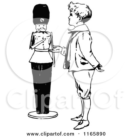 Clipart of a Retro Vintage Black and White Boy Talking to a Toy Soldier - Royalty Free Vector Illustration by Prawny Vintage