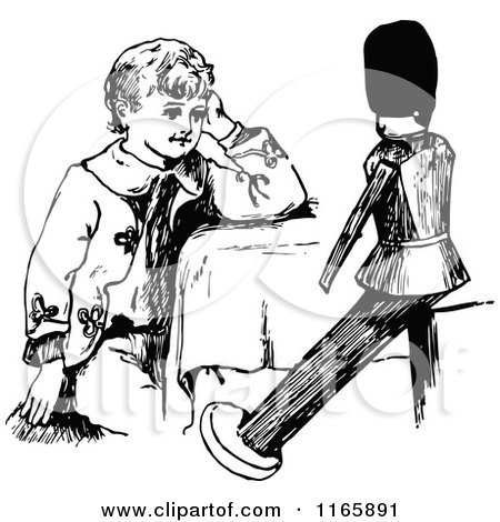 Clipart of a Retro Vintage Black and White Boy Sitting with a Toy Soldier - Royalty Free Vector Illustration by Prawny Vintage