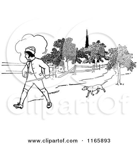 Clipart of a Retro Vintage Black and White Boy and Dog Walking - Royalty Free Vector Illustration by Prawny Vintage