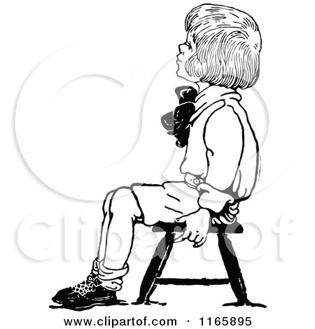 Clipart of a Retro Vintage Black and White Boy Sitting on a Stool - Royalty Free Vector Illustration by Prawny Vintage