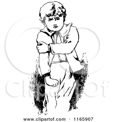 Clipart of a Retro Vintage Black and White Boy Sulking - Royalty Free Vector Illustration by Prawny Vintage