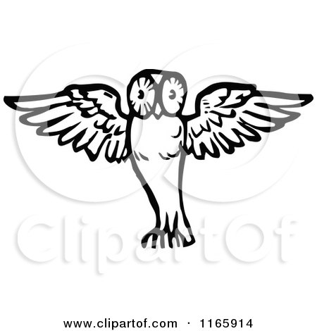 Clipart of a Retro Vintage Black and White Flying Owl - Royalty Free Vector Illustration by Prawny Vintage