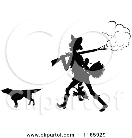 Clipart of a Silhouetted Man with a Smoking Rifle Hunting Dog and Bird - Royalty Free Vector Illustration by Prawny Vintage