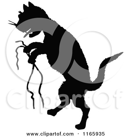 Clipart of a Silhouetted Cat with Strings - Royalty Free Vector Illustration by Prawny Vintage