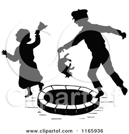 Clipart of a Silhouetted Girl Ringing a Bell on a Mean Boy Holding a Cat over a Well - Royalty Free Vector Illustration by Prawny Vintage