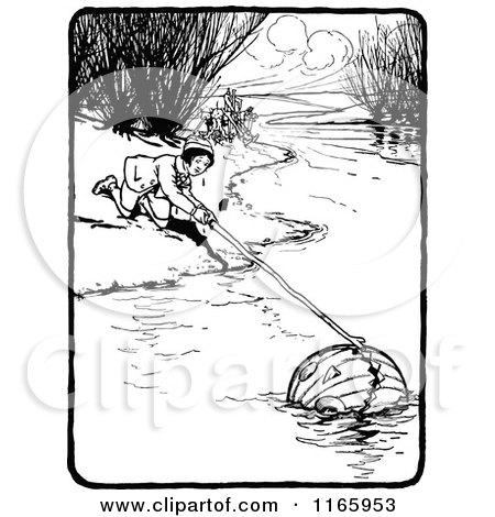 Clipart of a Retro Vintage Black and White Boy Fishing a Pumpkin Head from a Stream - Royalty Free Vector Illustration by Prawny Vintage