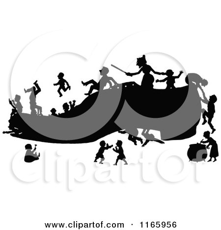 Clipart of a Silhouetted Tiny Family Living in a Shoe - Royalty Free Vector Illustration by Prawny Vintage