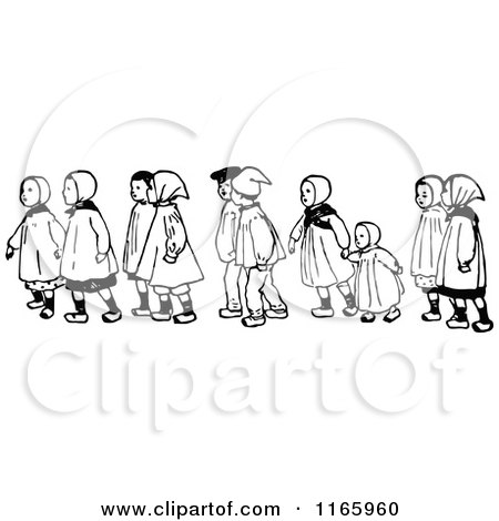Clipart of Retro Vintage Black and White Children Walking 2 - Royalty Free Vector Illustration by Prawny Vintage