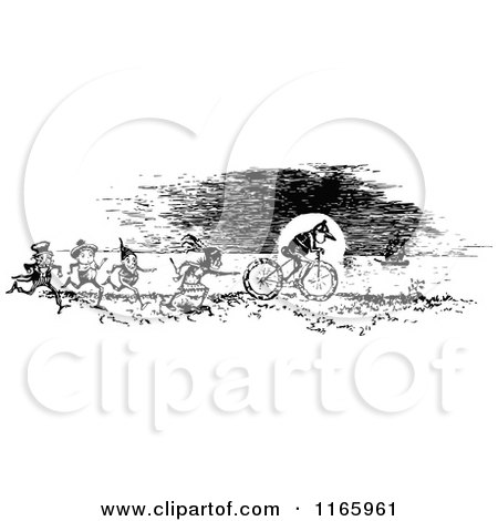 Clipart of Retro Vintage Black and White Boys Running After a Bike - Royalty Free Vector Illustration by Prawny Vintage