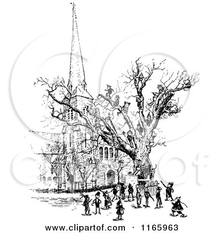 Clipart of Retro Vintage Black and White Boys Climbing a Tree - Royalty Free Vector Illustration by Prawny Vintage
