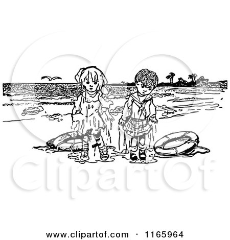 Clipart of Retro Vintage Black and White Wet Overboard Kids on a Beach - Royalty Free Vector Illustration by Prawny Vintage
