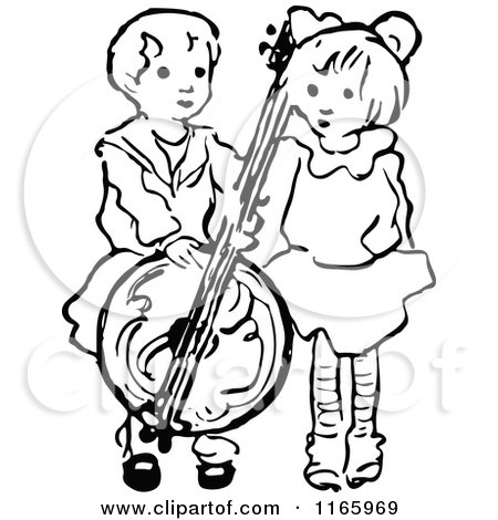 Clipart of Retro Vintage Black and White Children with an Instrument - Royalty Free Vector Illustration by Prawny Vintage
