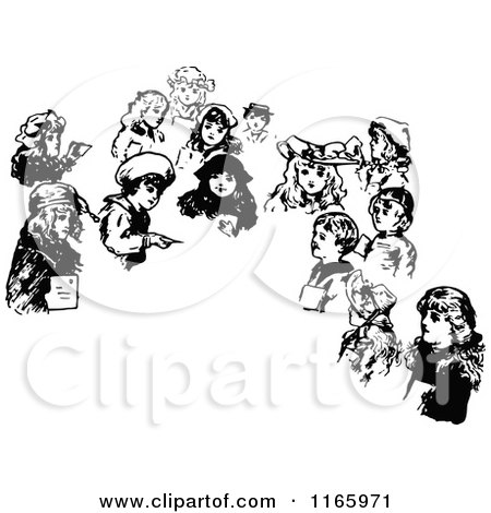 Clipart of Retro Vintage Black and White Children and Copyspace - Royalty Free Vector Illustration by Prawny Vintage