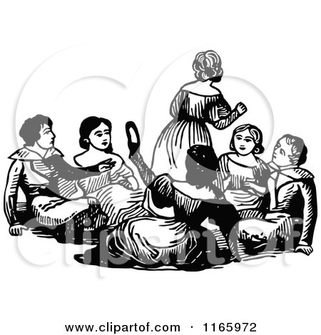 Clipart of Retro Vintage Black and White Children Sitting - Royalty Free Vector Illustration by Prawny Vintage