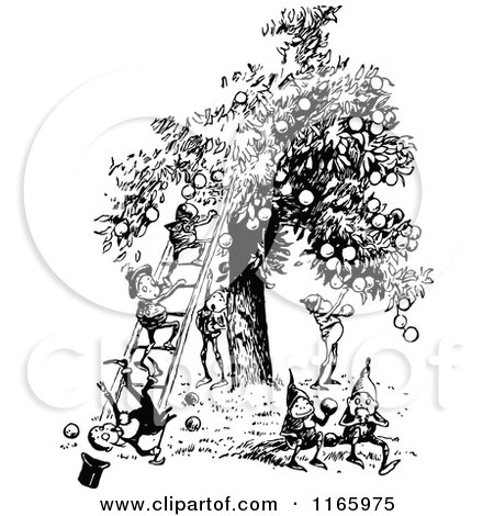 Clipart of Retro Vintage Black and White Boys in an Orchard - Royalty Free Vector Illustration by Prawny Vintage
