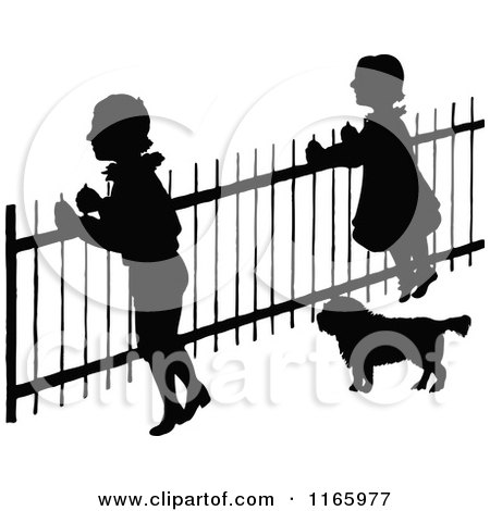 Clipart of Silhouetted Children and a Dog at a Fence - Royalty Free Vector Illustration by Prawny Vintage