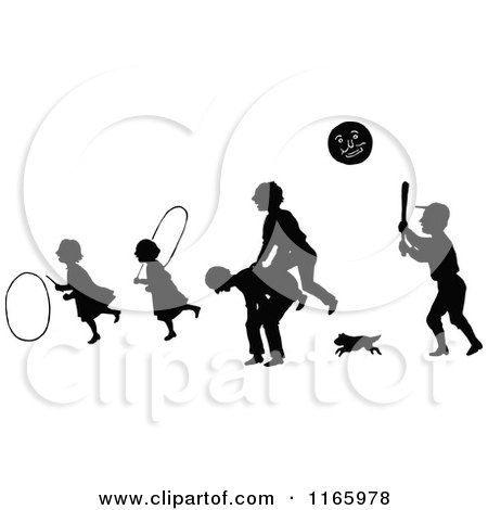Clipart of Silhouetted Children Playing Ball Leap Frog and Hula Hoops - Royalty Free Vector Illustration by Prawny Vintage