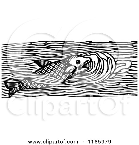 Clipart of a Retro Vintage Black and White Swimming Fish - Royalty Free Vector Illustration by Prawny Vintage