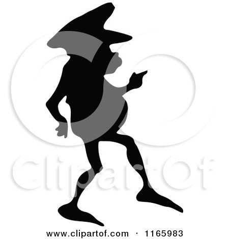 Clipart of a Silhouetted Gnome Boy Pointing and Wearing a Hat - Royalty Free Vector Illustration by Prawny Vintage
