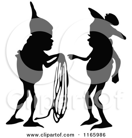 Clipart of Silhouetted Gnome Boys Passing Rope - Royalty Free Vector Illustration by Prawny Vintage