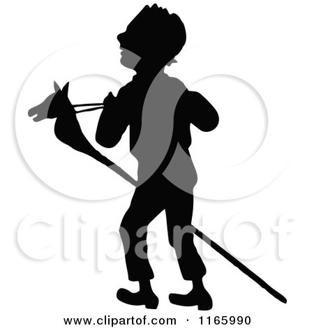 Clipart of a Silhouetted Boy with a Stick Pony - Royalty Free Vector Illustration by Prawny Vintage
