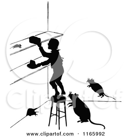 Clipart of a Silhouetted Boy in a Kitchen with Rats - Royalty Free Vector Illustration by Prawny Vintage
