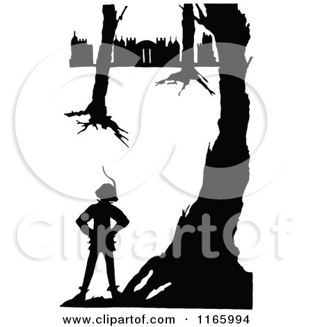 Clipart of a Silhouetted Boy in the Woods near a Castle - Royalty Free Vector Illustration by Prawny Vintage