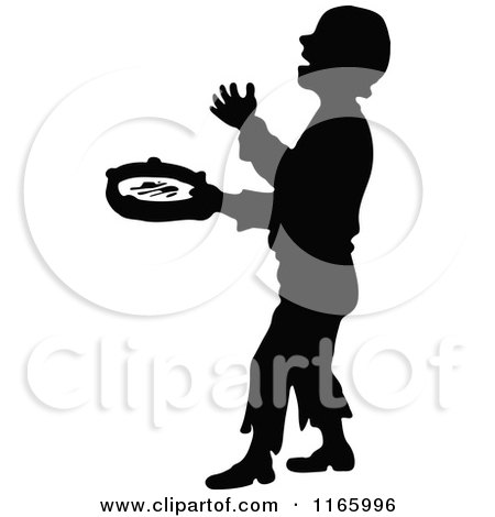 Clipart of a Silhouetted Musical Busker Boy - Royalty Free Vector Illustration by Prawny Vintage