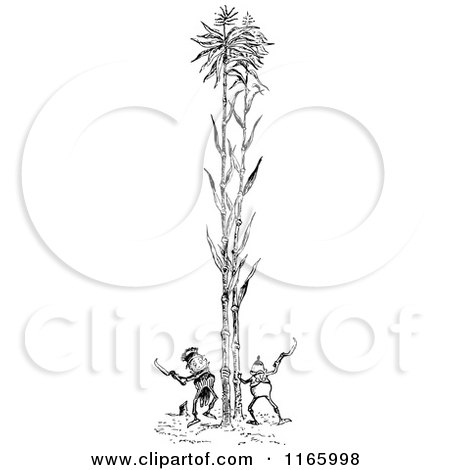 Clipart of Retro Vintage Black and White Boys Chopping down Bamboo - Royalty Free Vector Illustration by Prawny Vintage