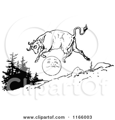 Clipart of a Retro Vintage Black and White Cow Jumping over the Moon - Royalty Free Vector Illustration by Prawny Vintage