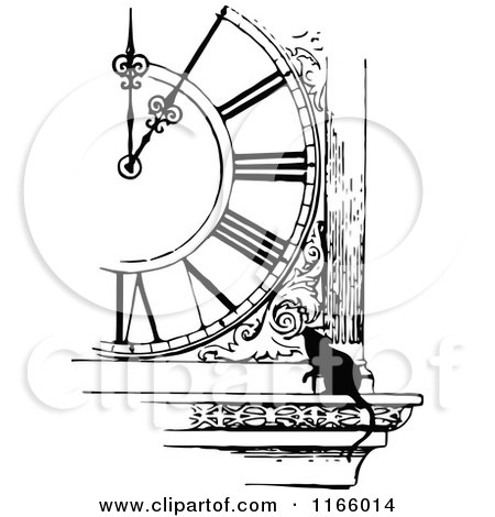 Clipart of a Retro Vintage Black and White Mouse by a Clock - Royalty Free Vector Illustration by Prawny Vintage