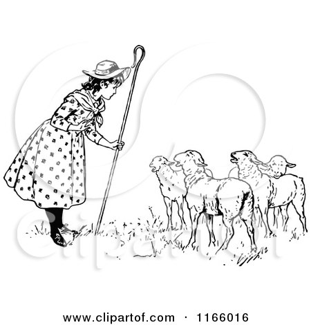 Clipart of Retro Vintage Black and White Little Bo Peep Talking to Her Sheep - Royalty Free Vector Illustration by Prawny Vintage