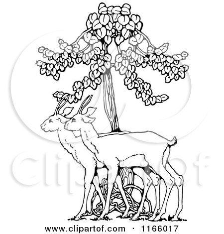 Clipart of Retro Vintage Black and White Deer Under a Tree - Royalty Free Vector Illustration by Prawny Vintage