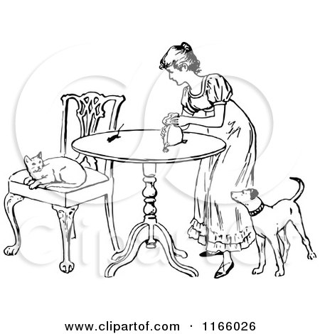 Clipart of a Retro Vintage Black and White Woman with a Mouse Cat and Dog - Royalty Free Vector Illustration by Prawny Vintage