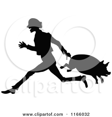 Clipart of a Silhouetted Farmer Carrying a Pig by Its Tail - Royalty Free Vector Illustration by Prawny Vintage