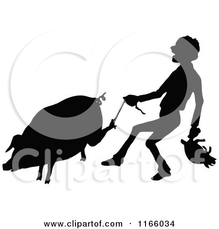 Clipart of a Silhouetted Farmer Carrying a Piglet and Tugging a String on a Pigs Foot - Royalty Free Vector Illustration by Prawny Vintage
