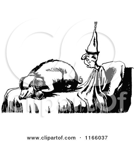 Clipart of a Retro Vintage Black and White Pig Sleeping on a Mans Bed - Royalty Free Vector Illustration by Prawny Vintage