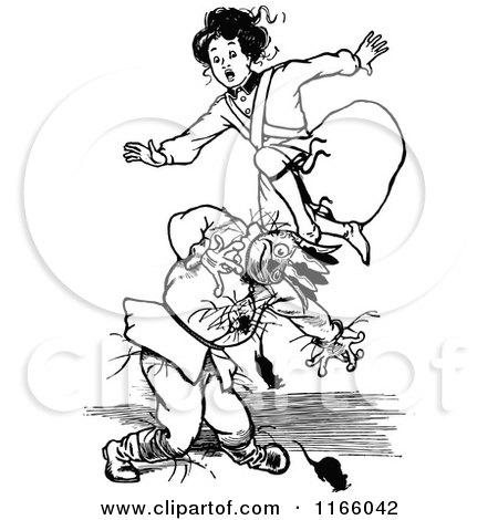 Clipart of a Retro Vintage Black and White Girl Jumping over a Scarecrow and Mice - Royalty Free Vector Illustration by Prawny Vintage