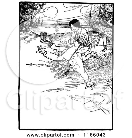 Clipart of a Retro Vintage Black and White Boy Making a Scarecrow - Royalty Free Vector Illustration by Prawny Vintage