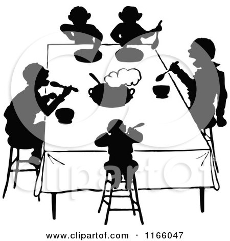 Clipart of Silhouetted People Eating at a Table - Royalty Free Vector Illustration by Prawny Vintage