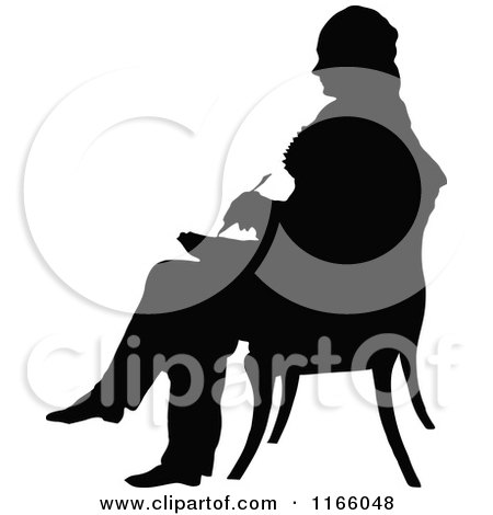Clipart of a Silhouetted Man Sitting and Writing in a Chair - Royalty Free Vector Illustration by Prawny Vintage